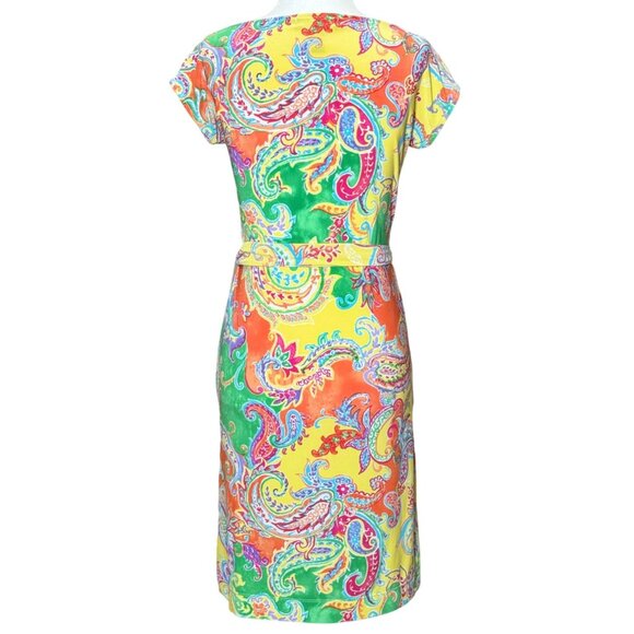 LAUREN RALPH LAUREN $169 Paisley Colorful Jersey Cap Sleeve Belted Dress Sz P XS - Picture 3 of 10